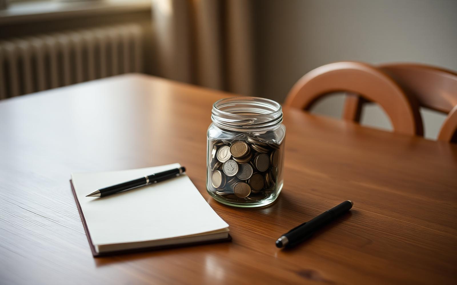 A blank notepad and pencil on a kitchen worktop beside two mugs in morning light