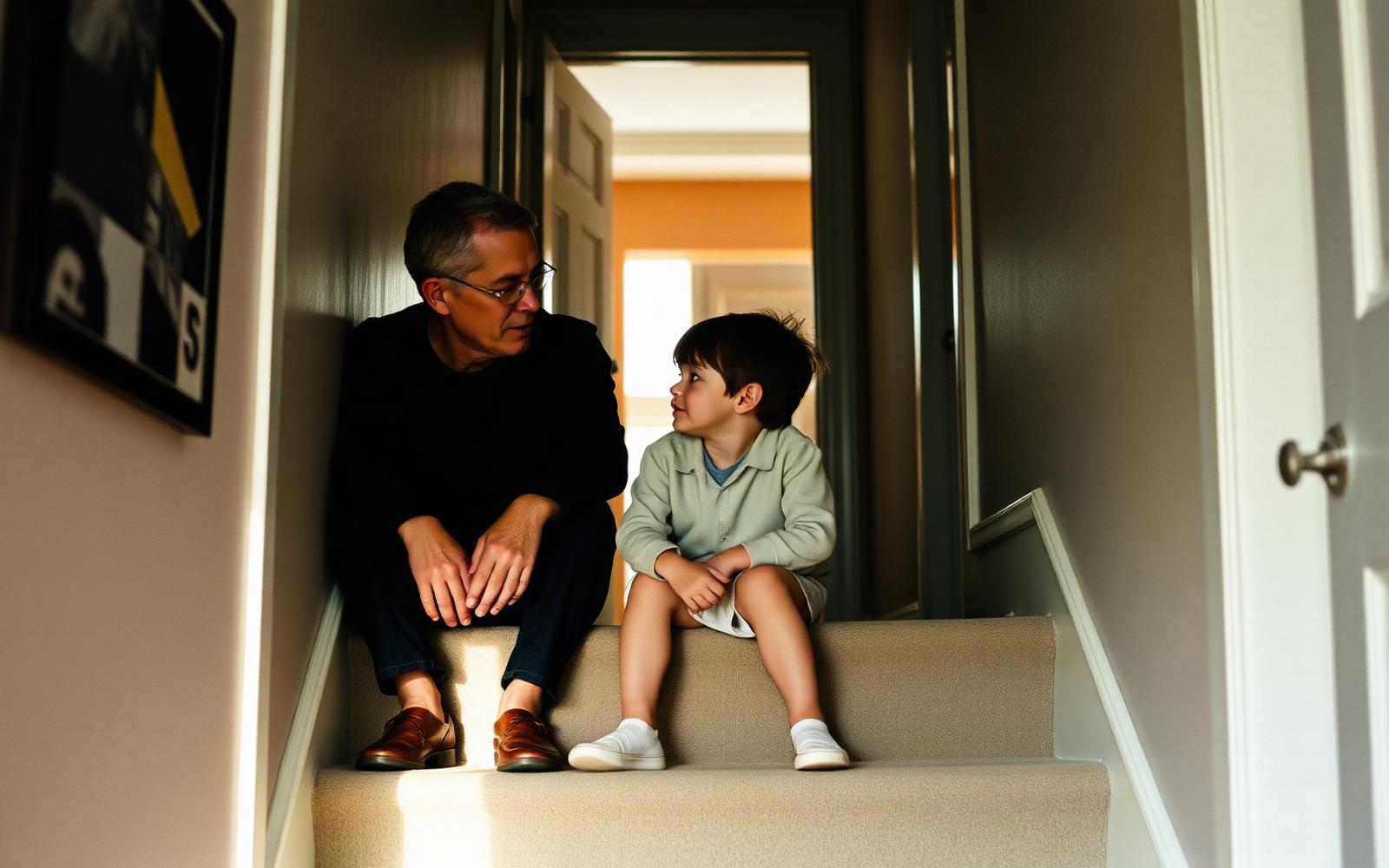 A parent and child sitting together on hallway stairs, talking quietly in daylight