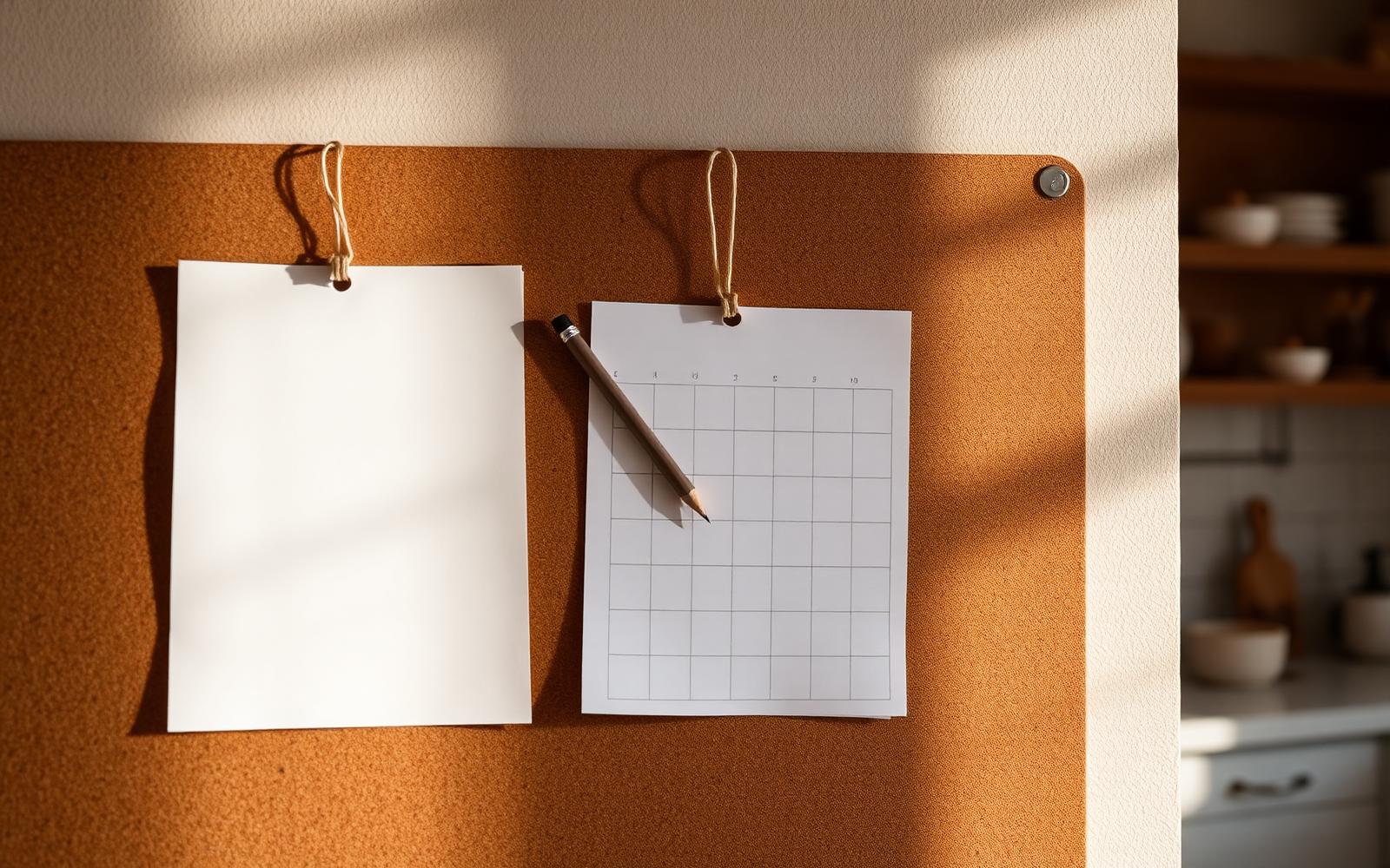 A paper wall calendar and pinned school letters in a hallway in daylight