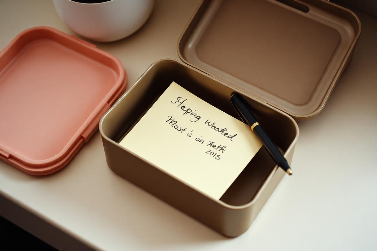 A short handwritten note on cream paper tucked into a lunchbox on a kitchen worktop