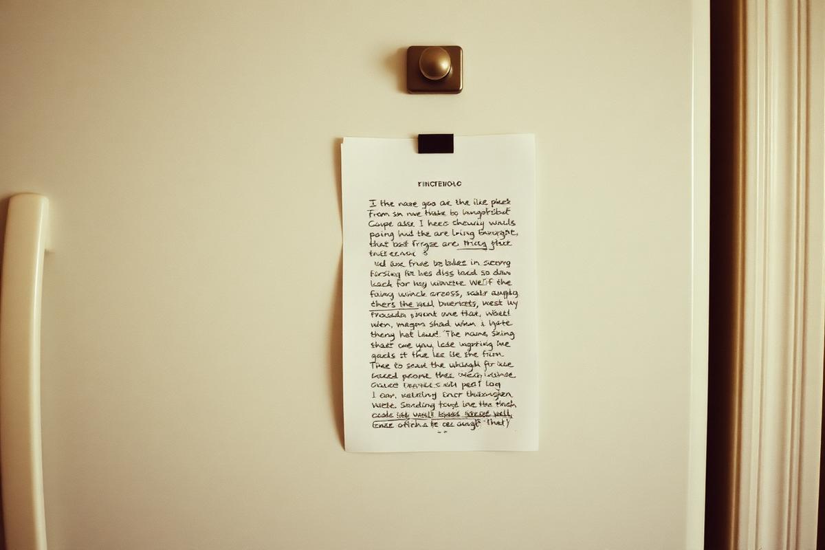 A single handwritten page held to a fridge door by a magnet in soft kitchen light