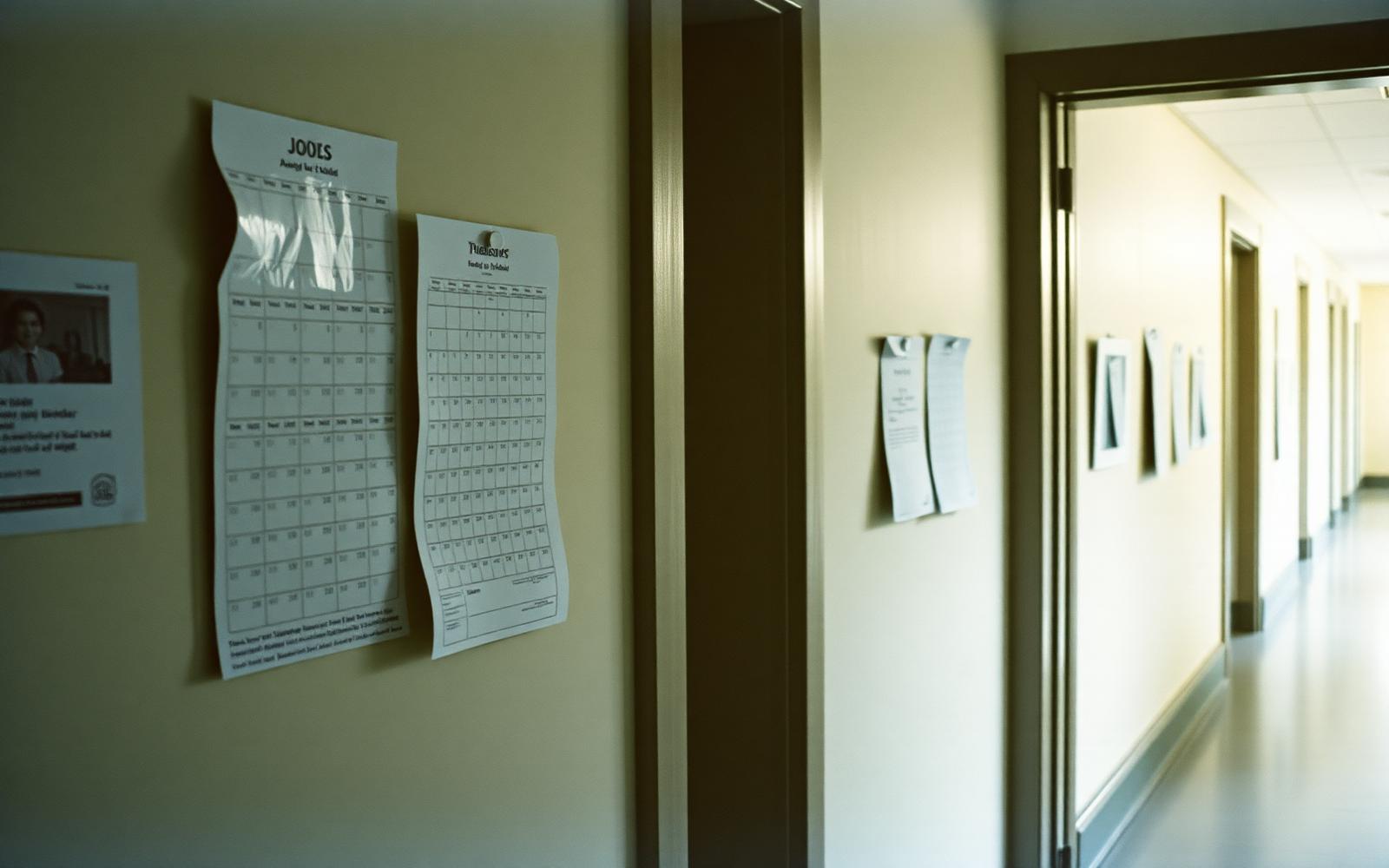A wall calendar and a small tray of papers and keys beside a kitchen doorway