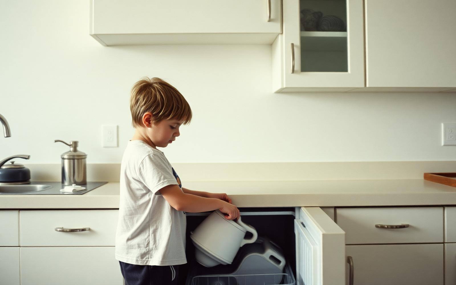 A child loading a dishwasher in a plain, sunlit kitchen