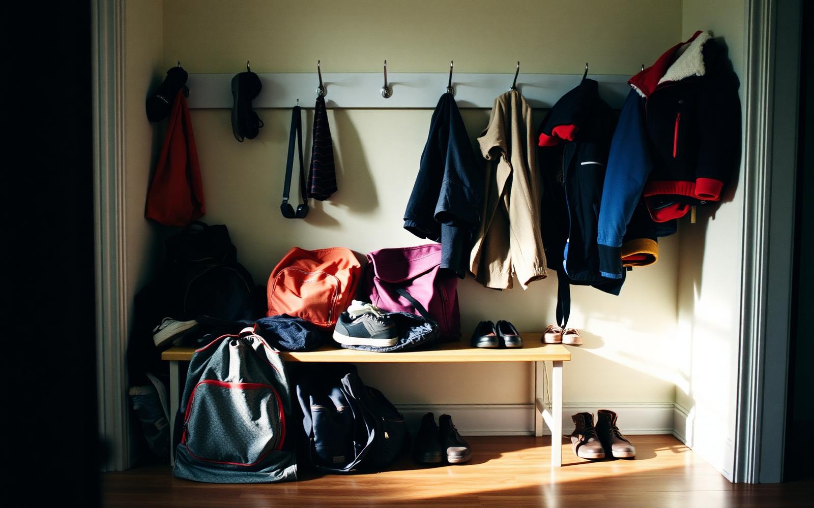 A front door hallway with coats on hooks and late afternoon light on the floor