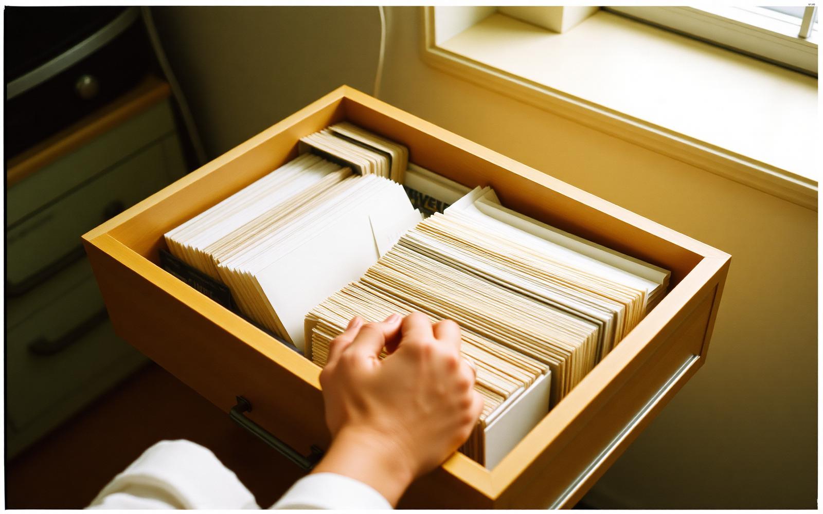 Hands sorting filed papers and envelopes in an open wooden drawer