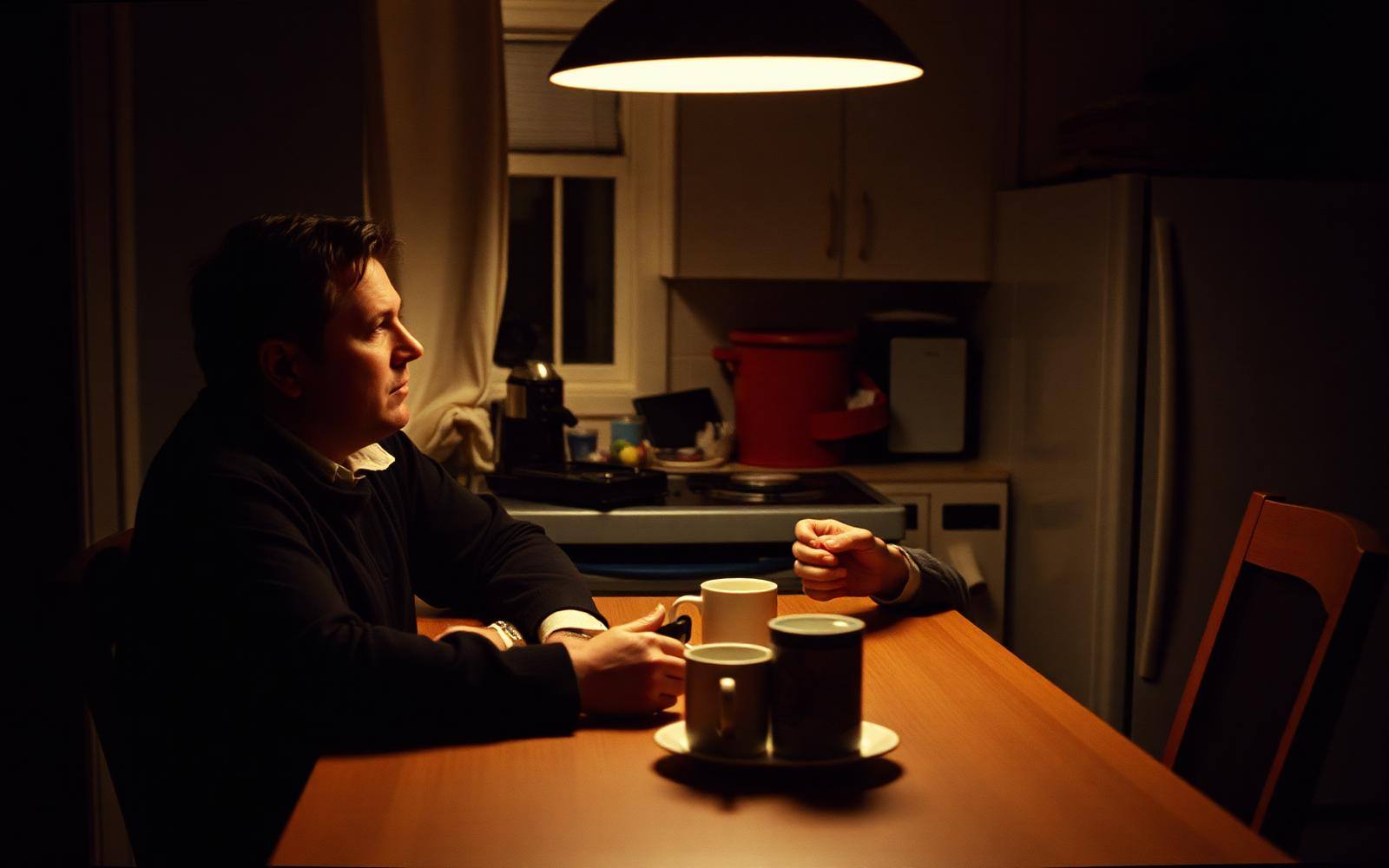 Two adults sitting at a kitchen table late at night with mugs, talking quietly