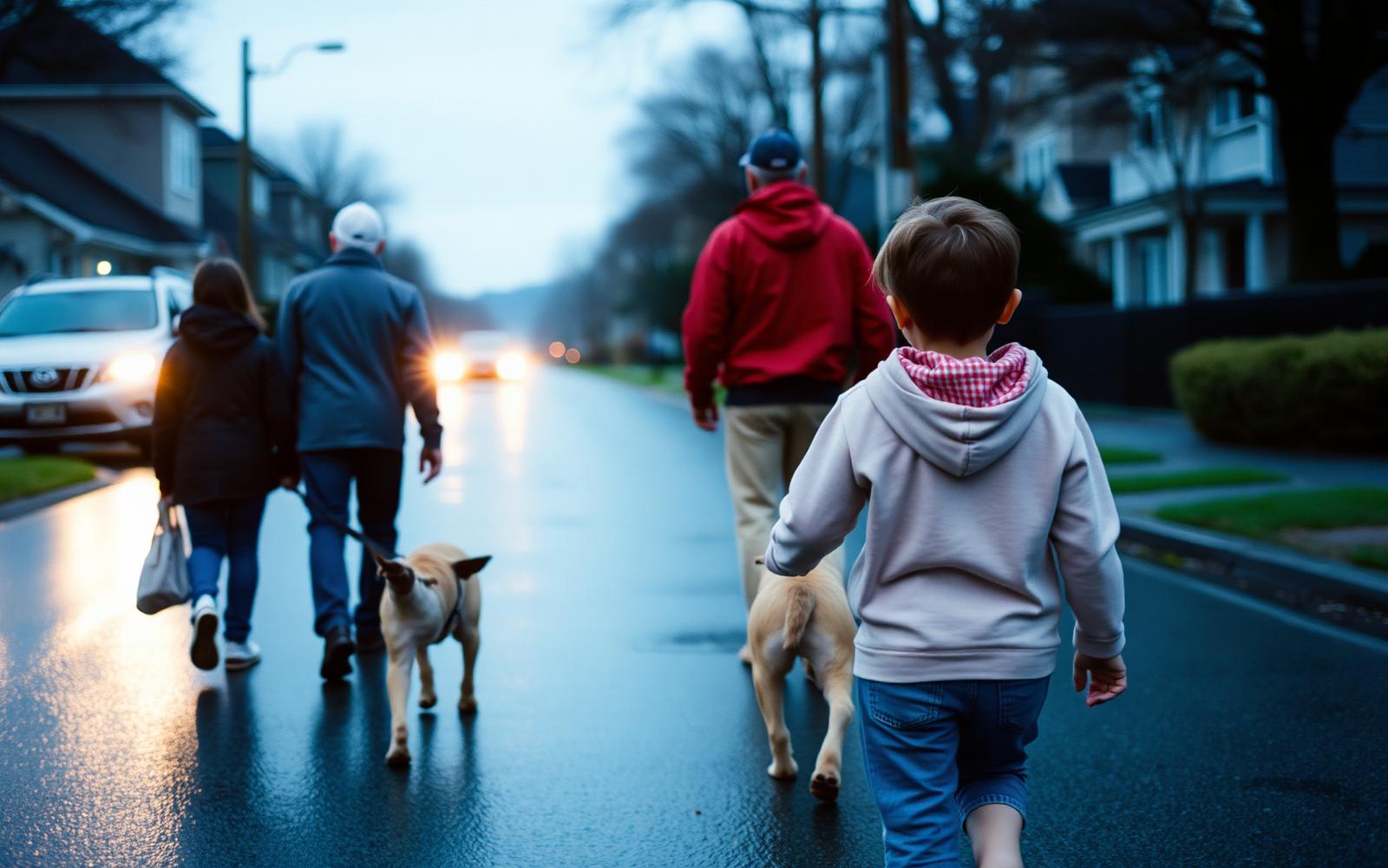 A family walking a dog along a wet suburban street at dusk