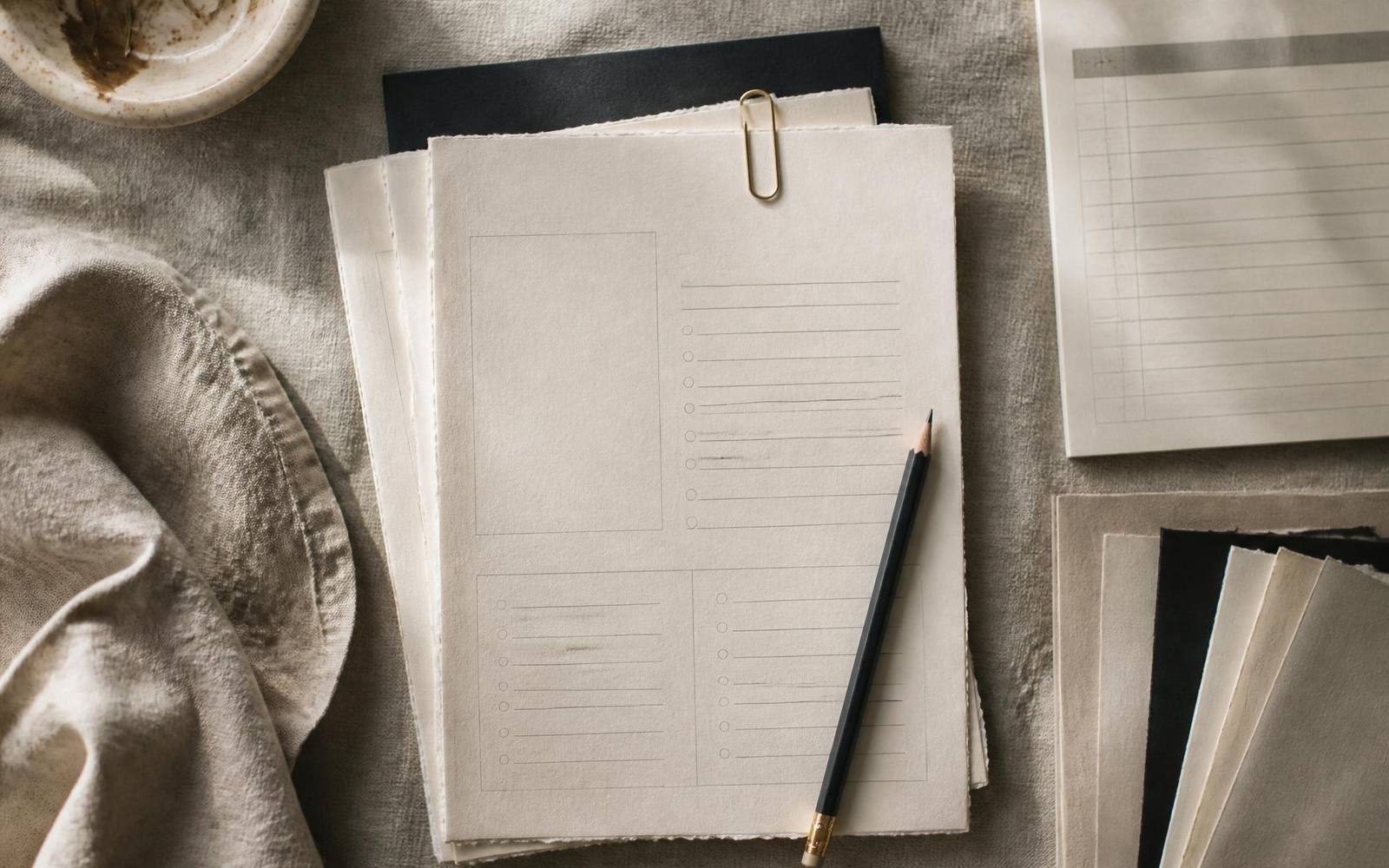 An overhead flat lay of cream printed planner pages, a pencil and a brass paperclip on linen
