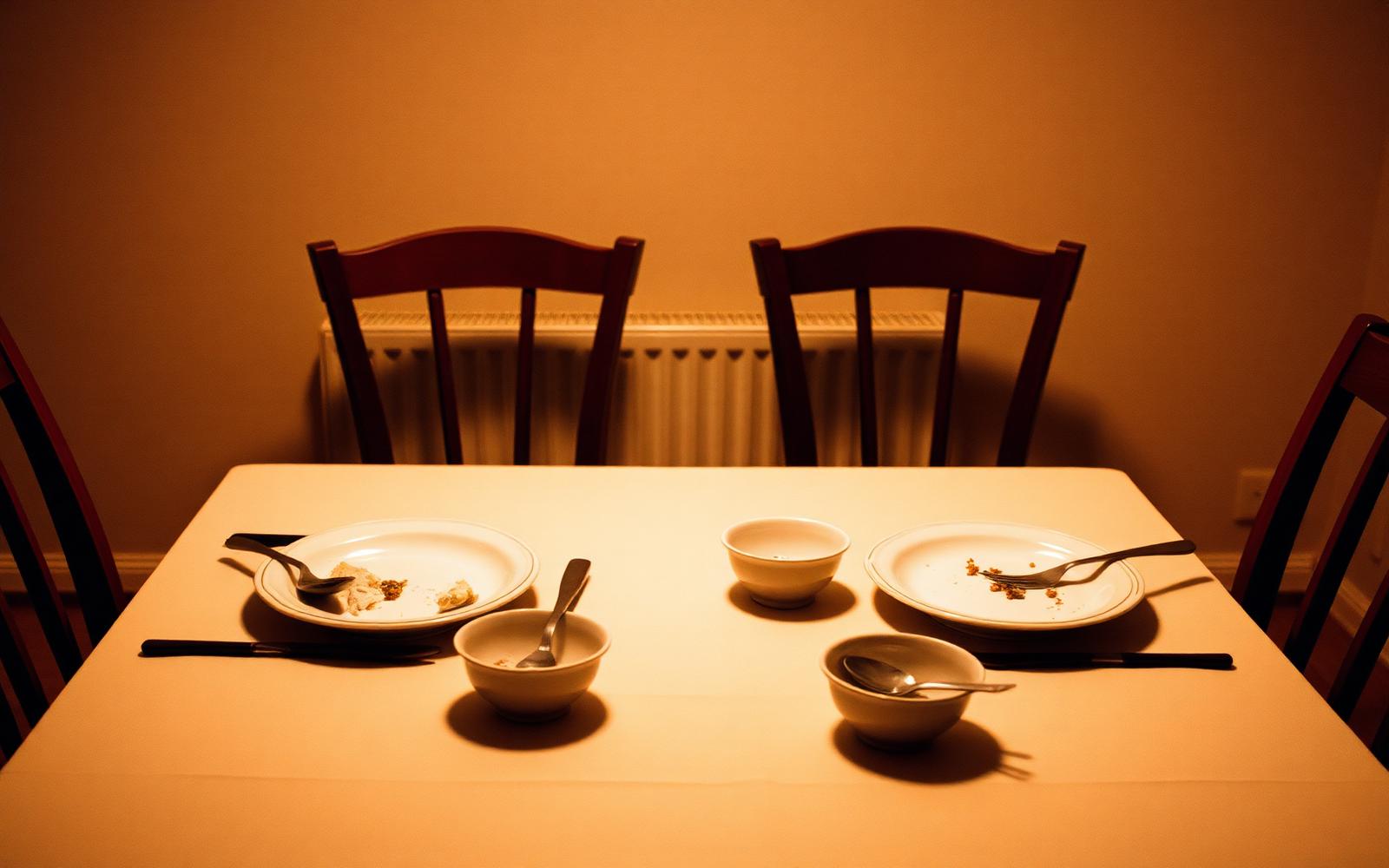 A kitchen table in warm evening light with an open notebook and two mugs