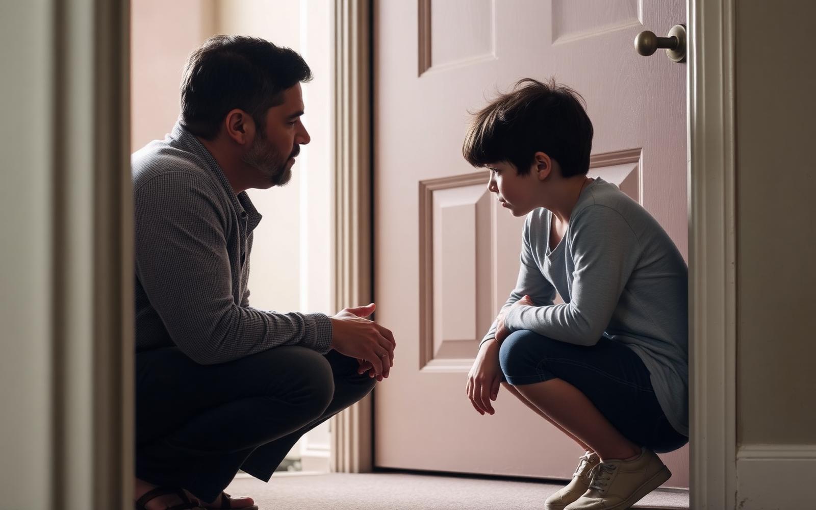 A parent and a child sitting together on carpeted stairs in a quiet moment