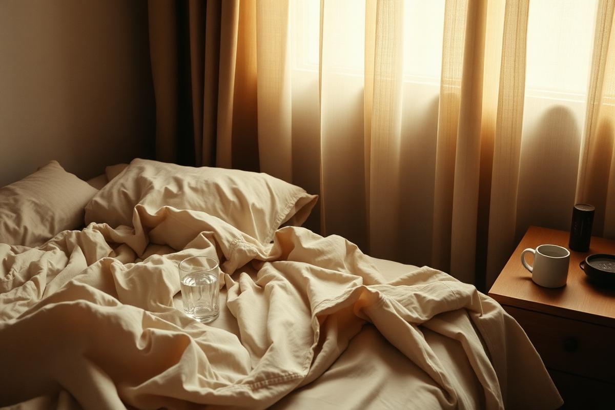 A quiet room with morning light falling across an unmade bed and an open window