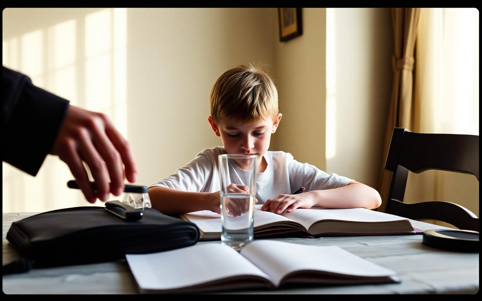 An open notebook, a pencil and a glass of water on a kitchen table.
