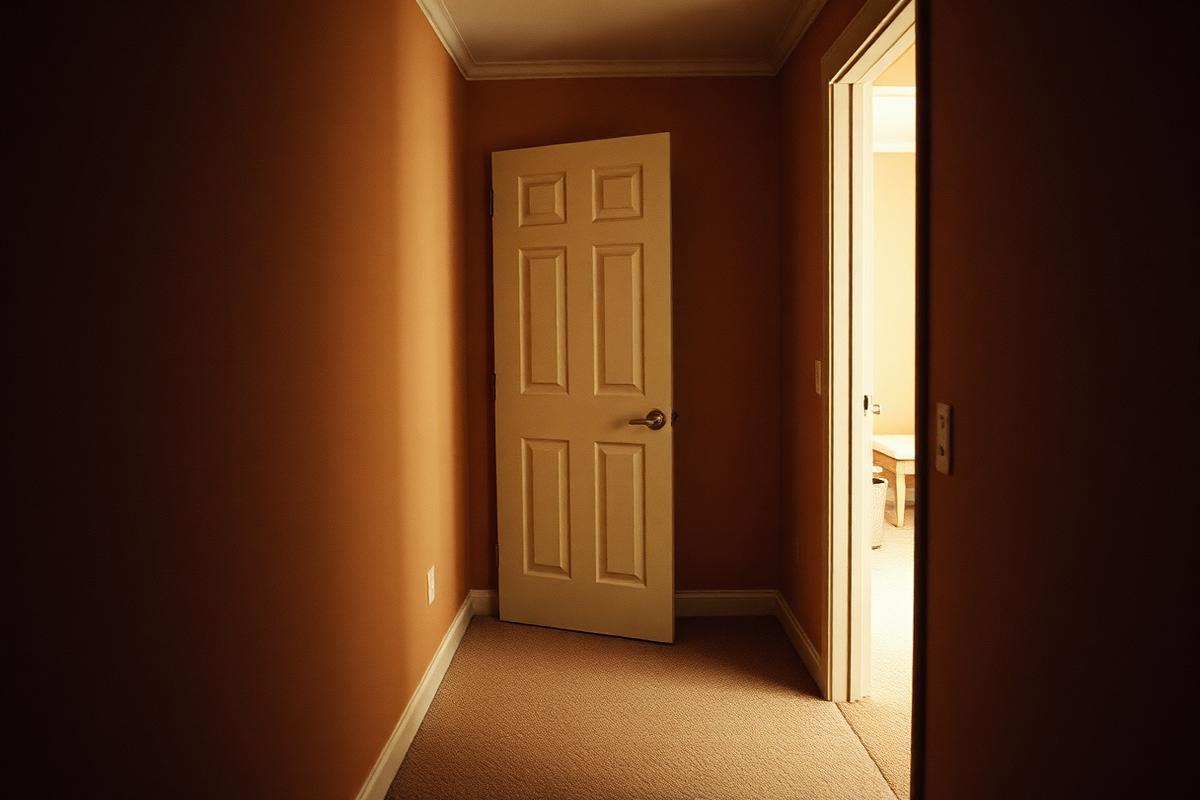 A landing outside a bedroom door left slightly ajar with warm lamplight spilling into the hallway