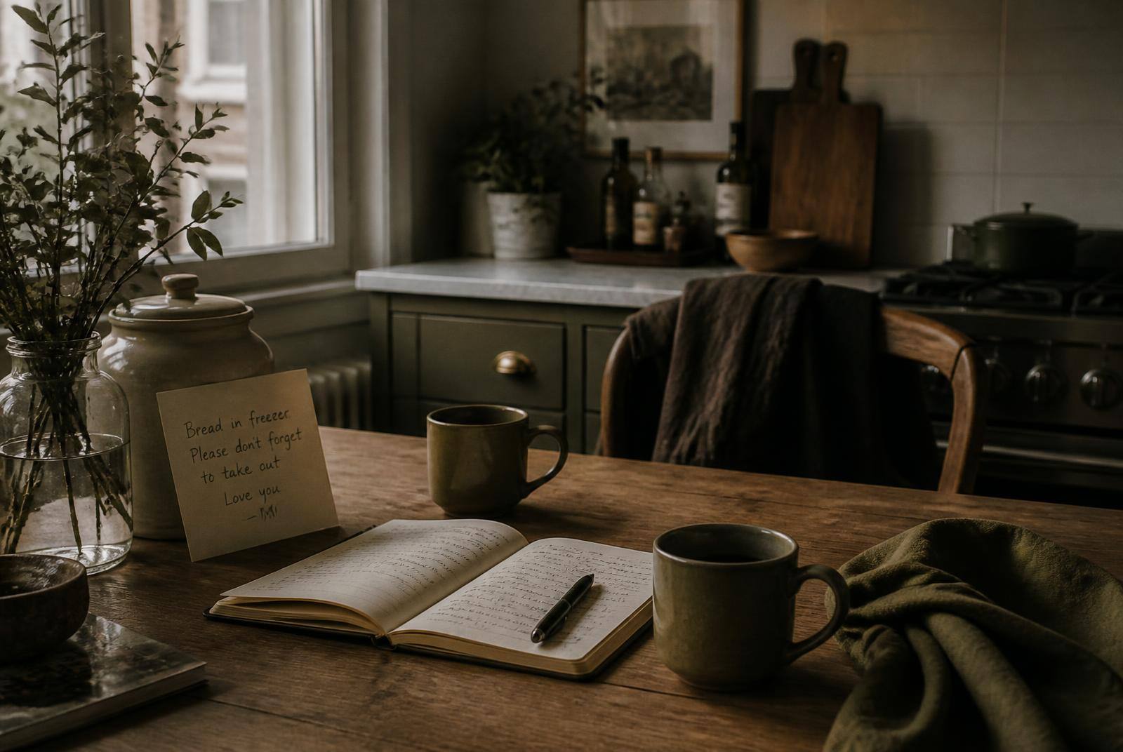 A quiet kitchen table at dusk with a handwritten note propped against a jar, two mugs and an open notebook