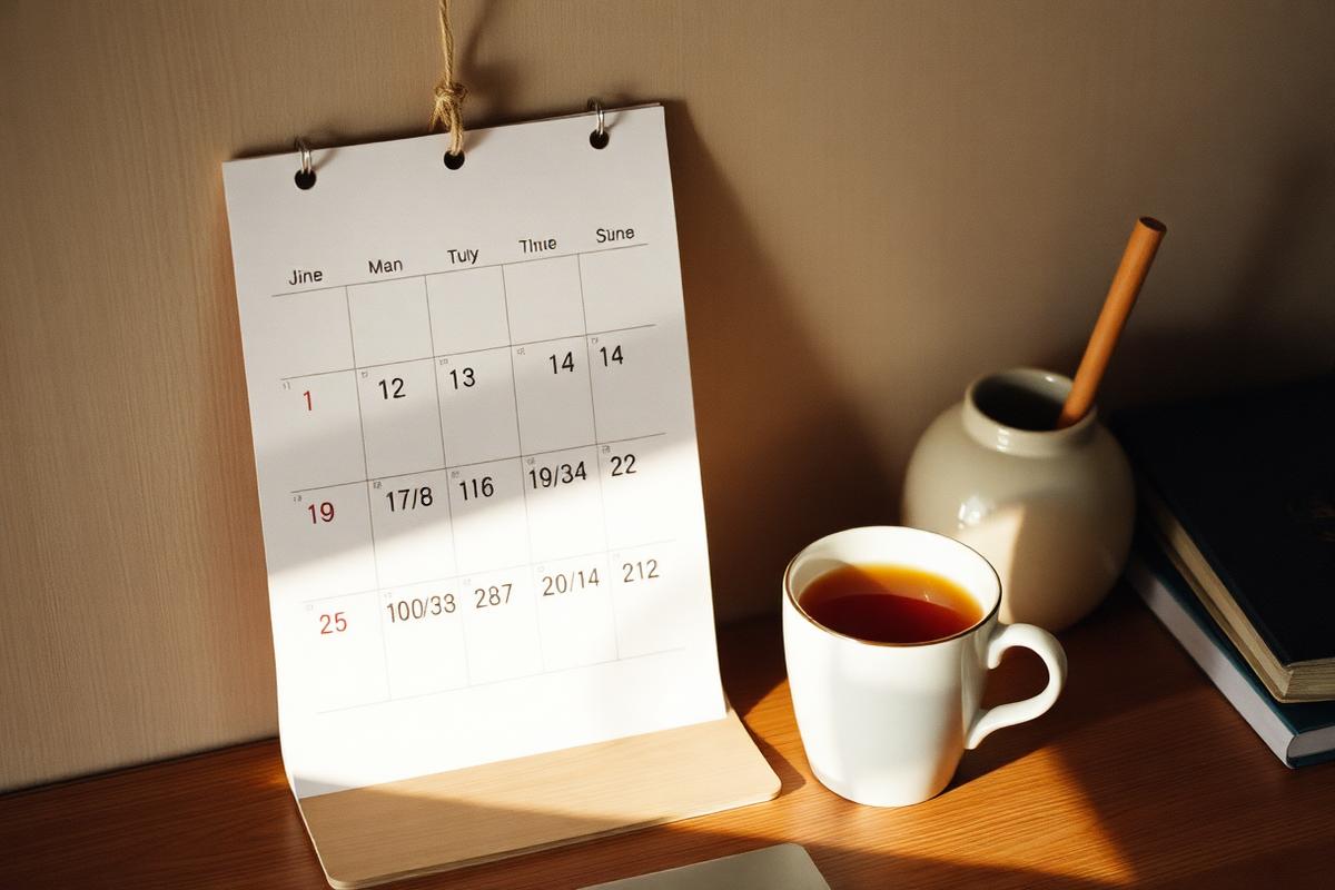 A paper desk calendar with pencil marks beside a cup of tea in early morning light