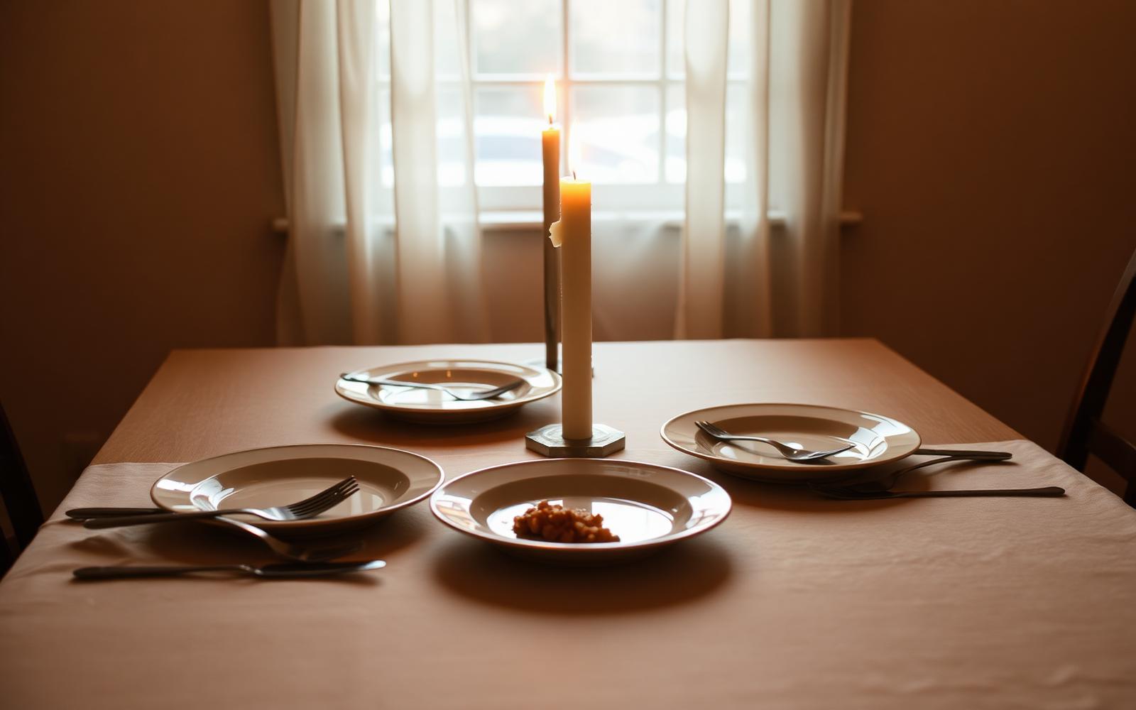 Two pairs of hands resting on a linen tablecloth beside a lit candle
