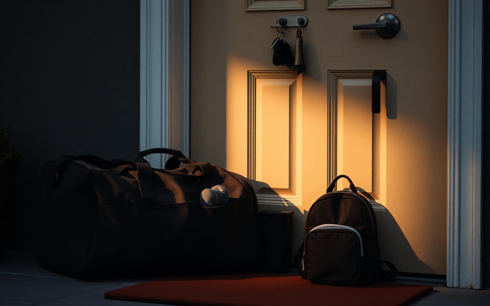 A packed bag and a folded coat by a front door in morning light