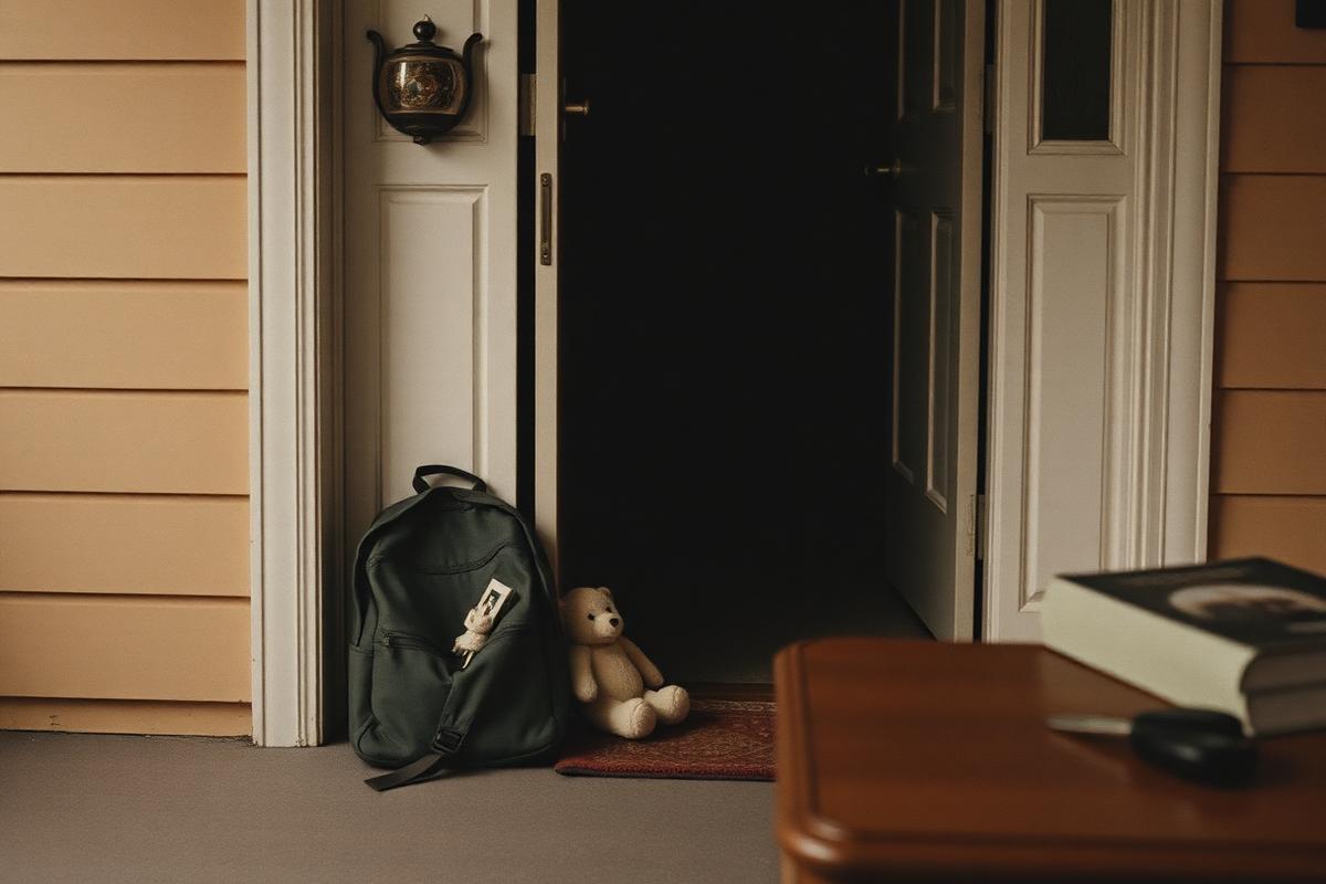A child's backpack and soft toy waiting beside an open front door with car keys on a hall table
