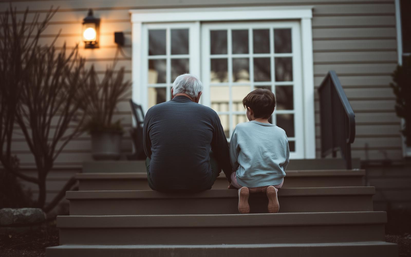 A parent sitting on the floor beside a child's bed in low lamplight