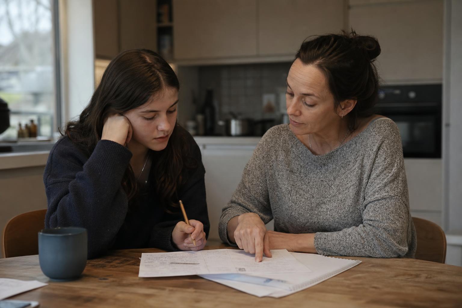 A mother calmly supports her teenage daughter as she revises schoolwork at their kitchen table