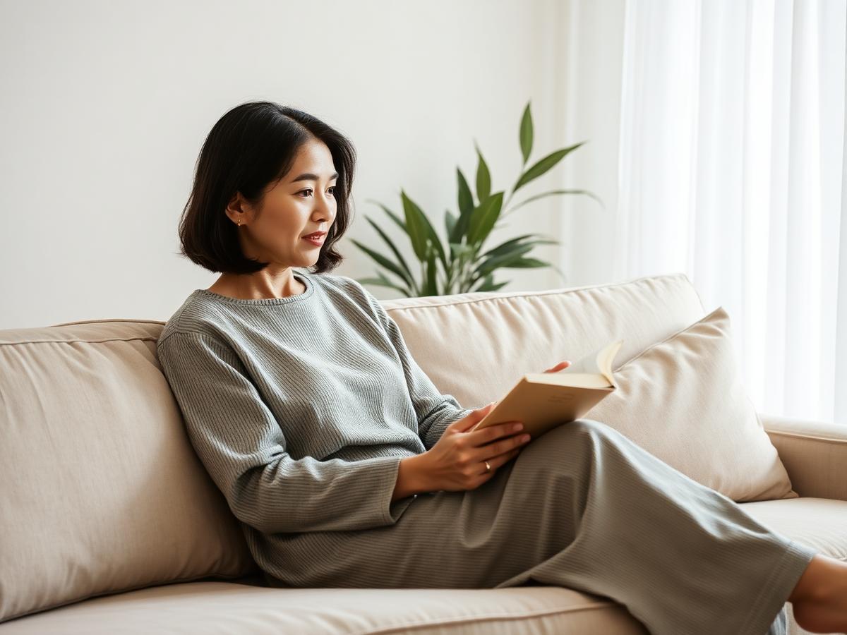 A parent pausing thoughtfully with a warm drink at a kitchen table