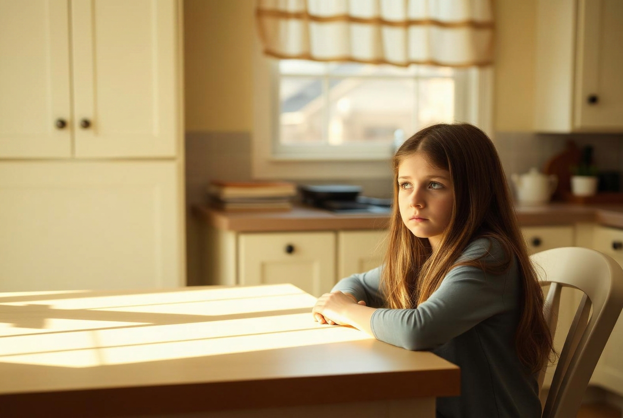 A twelve-year-old girl sitting at a sunlit kitchen table looking worried while her mother listens beside her