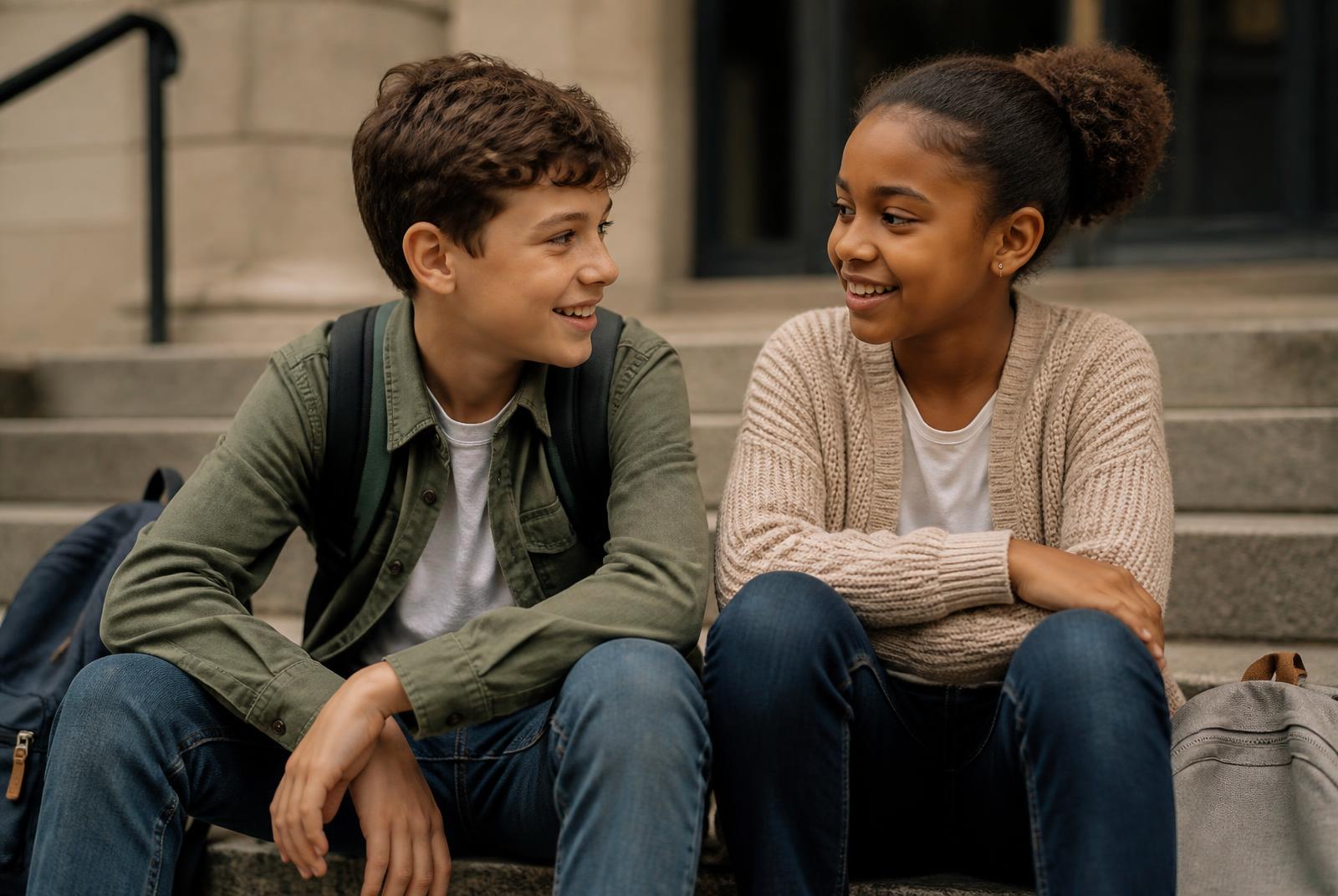 Two school-age children sitting together on outdoor school steps with their backpacks, talking easily