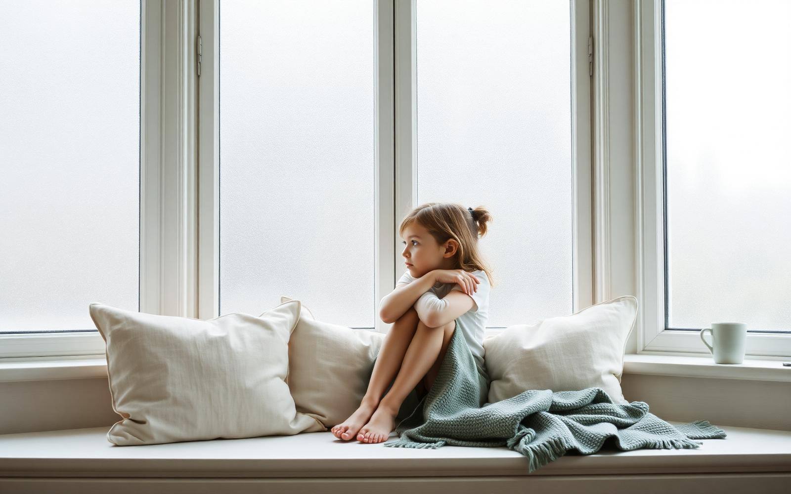 A girl of about nine sitting on a window seat with her chin on her arms, watching rain on the glass in a calm, softly lit room