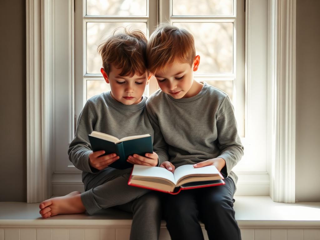 Editorial photograph: siblings-10-12 sitting side by side on a window seat reading the same book, shoulders touching in window seat