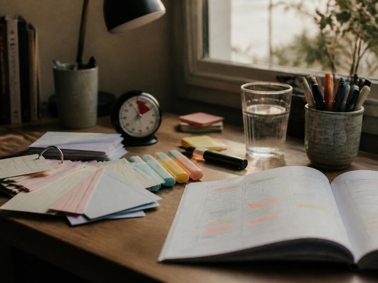 A study desk with revision flashcards, highlighters, a timer and an open exercise book in afternoon light