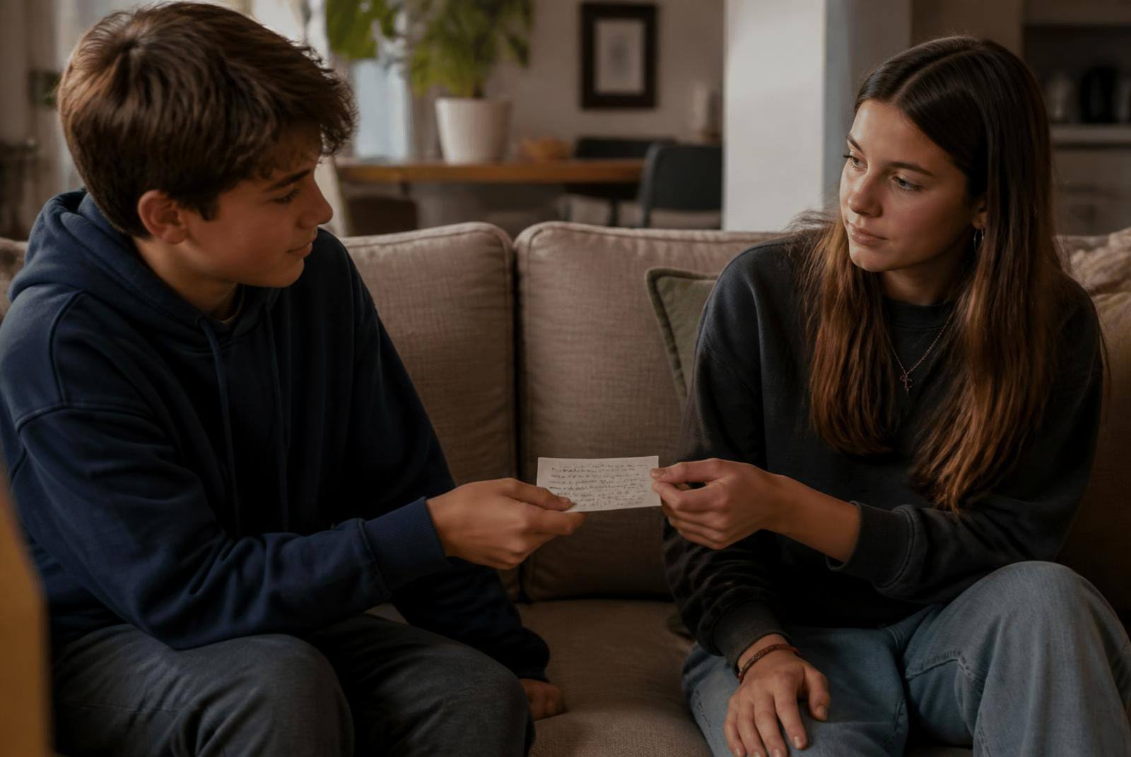 Two children sitting together on a sofa, one child offering a simple handmade card to the other
