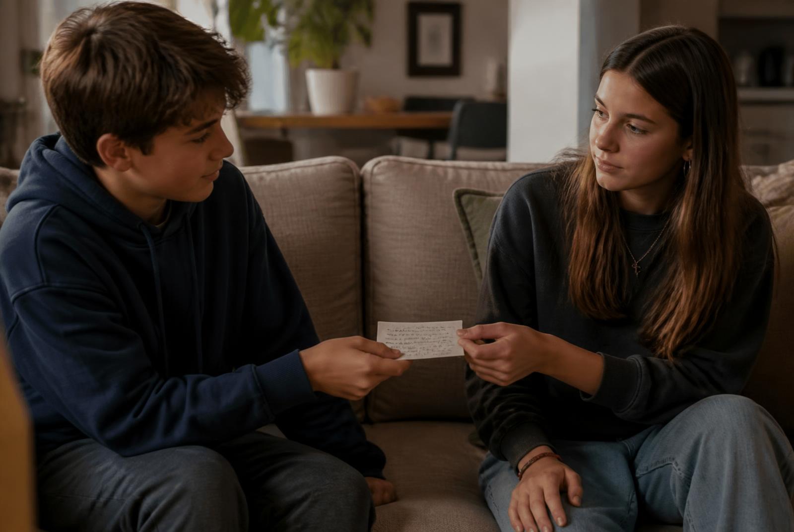 Two children sitting together on a sofa, one child offering a simple handmade card to the other