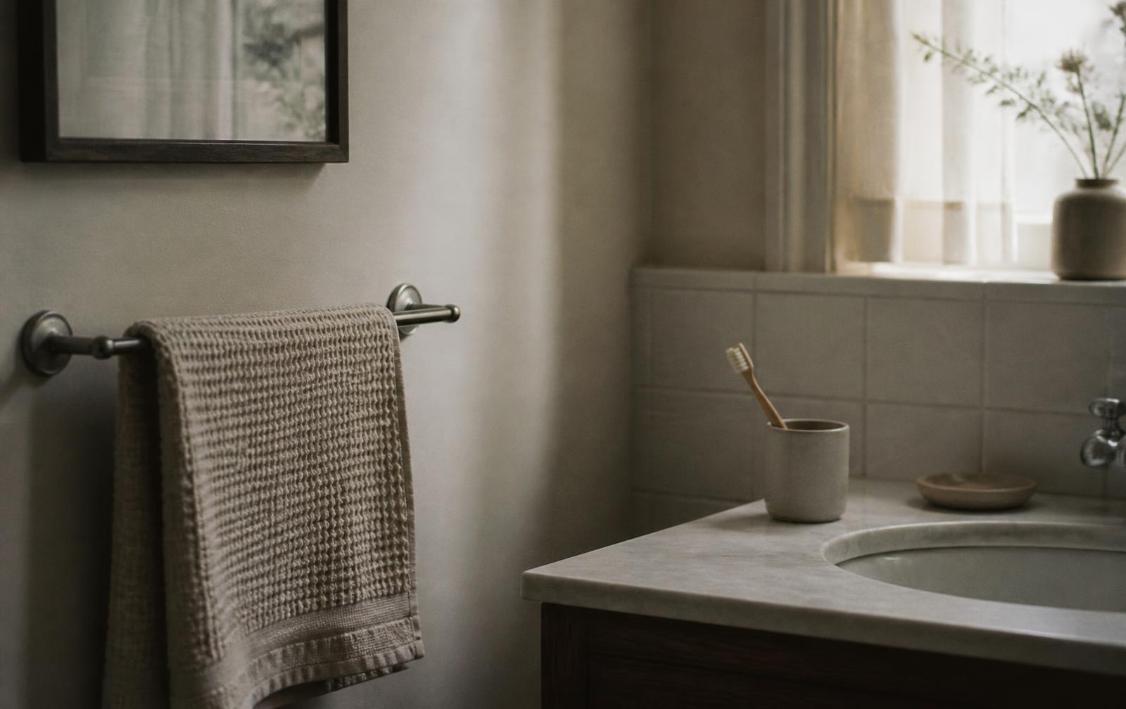 A teenage child standing outside a bathroom holding clean towels while a parent speaks with them calmly in the hallway