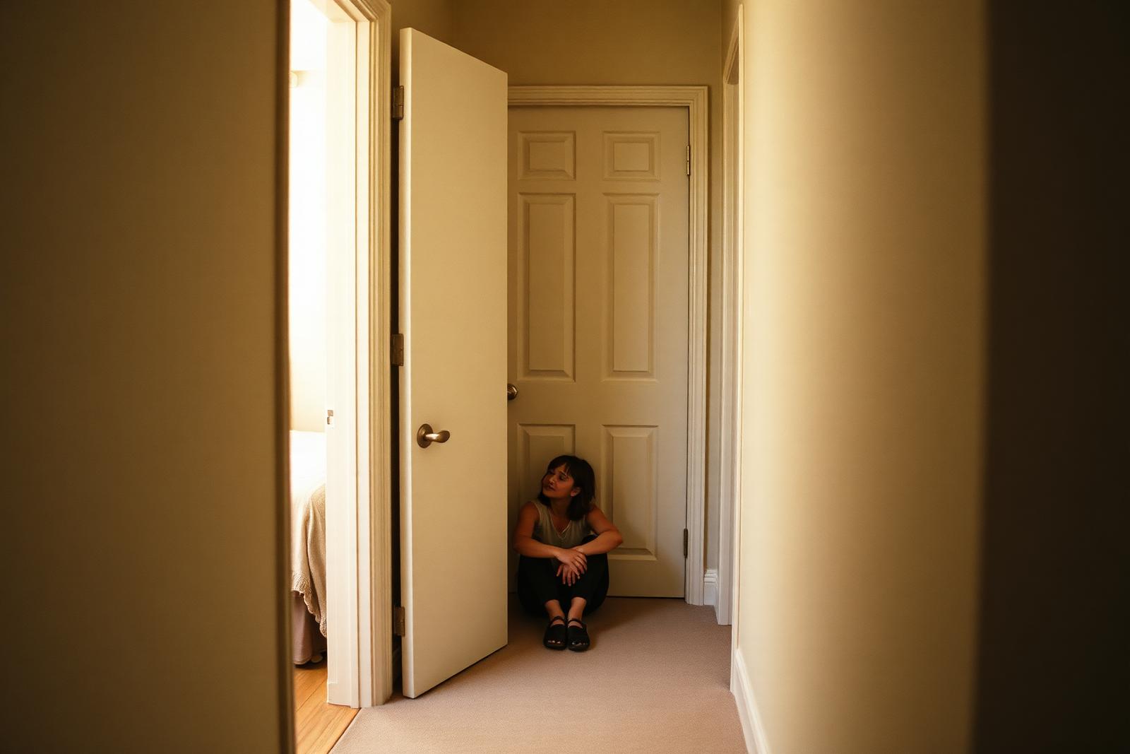 A parent sitting calmly on the hallway floor beside a closed bedroom door