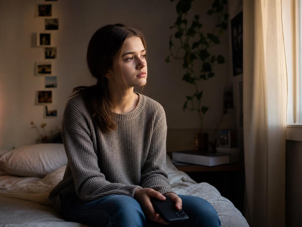 A teenage girl sitting on her bed holding a phone, looking out the window with a thoughtful expression, soft evening light in a calm bedroom
