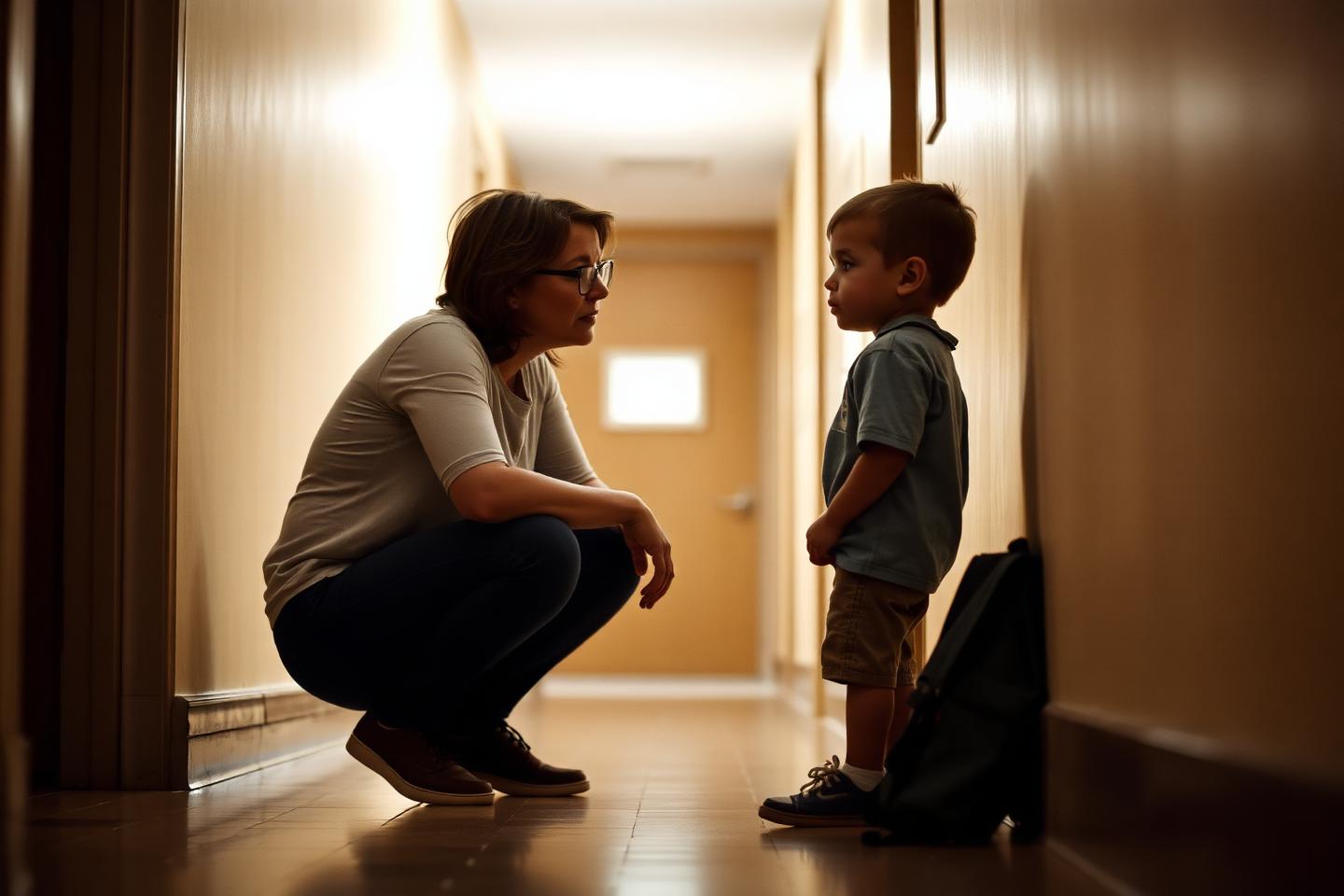 A parent crouching low beside a school-age child at a kitchen table in warm morning light