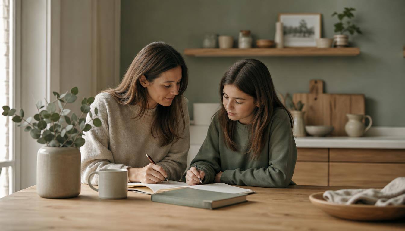 A parent and a tween sitting together at a light oak kitchen table, writing in a shared notebook in warm morning light