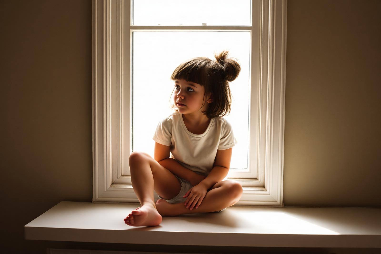 A thoughtful child sitting on a windowsill in soft daylight