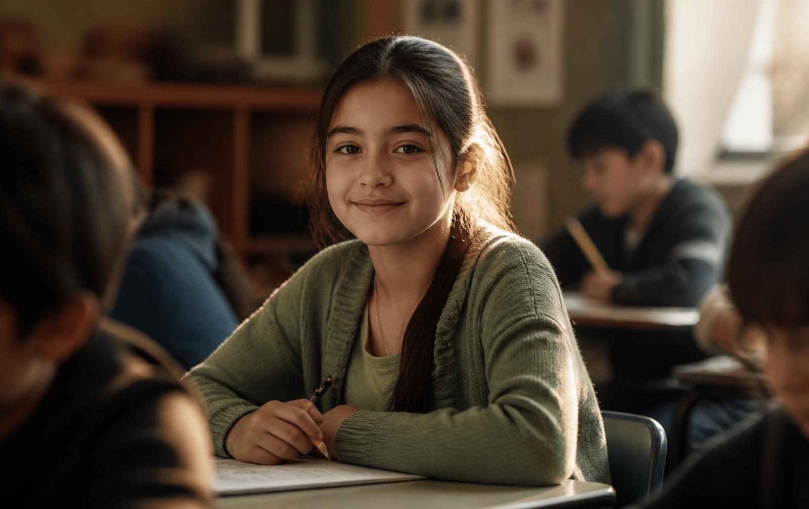 A girl at a classroom desk holding a composed smile while classmates blur around her
