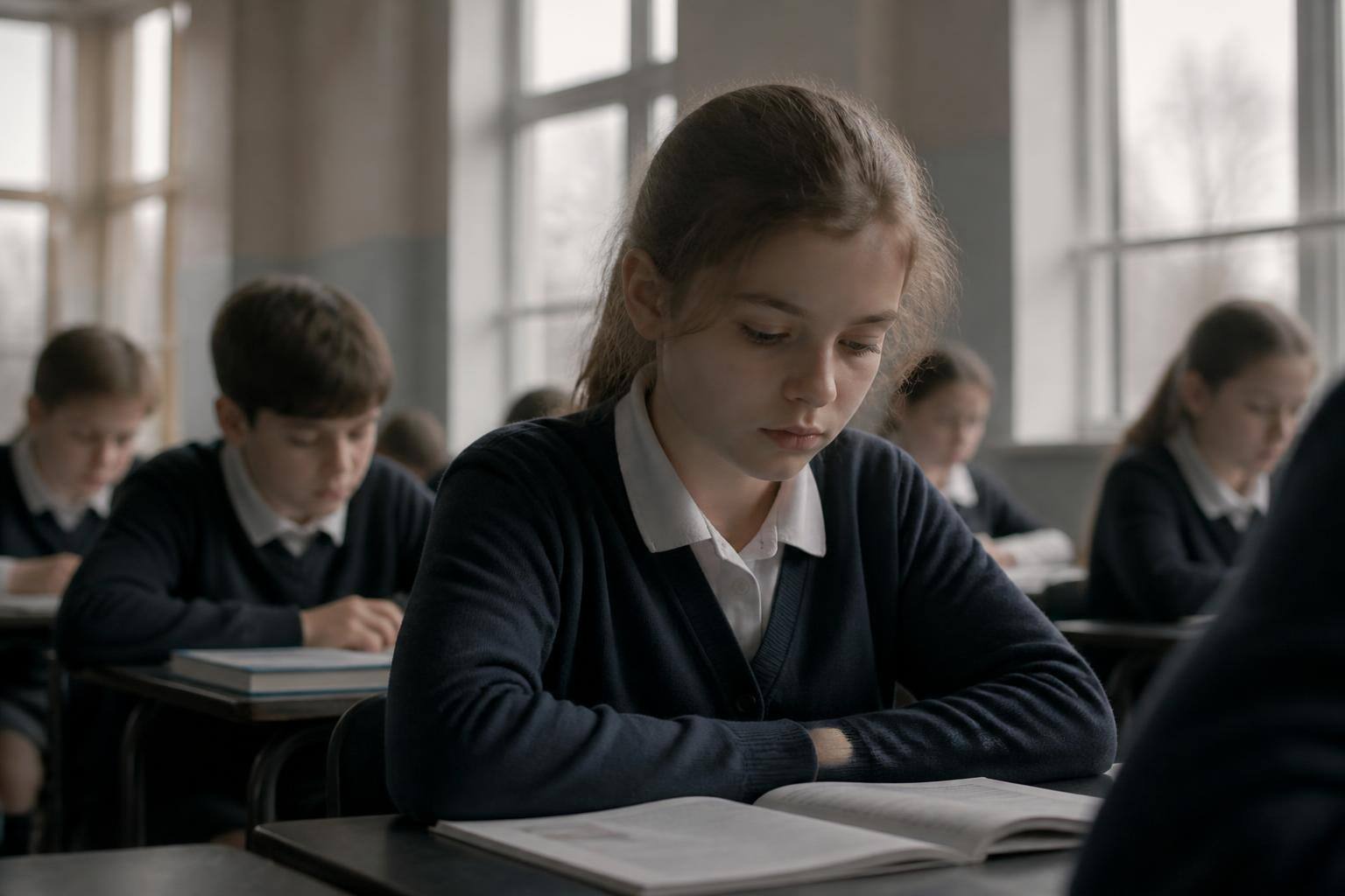 A girl at a classroom desk holding a composed smile while classmates blur around her