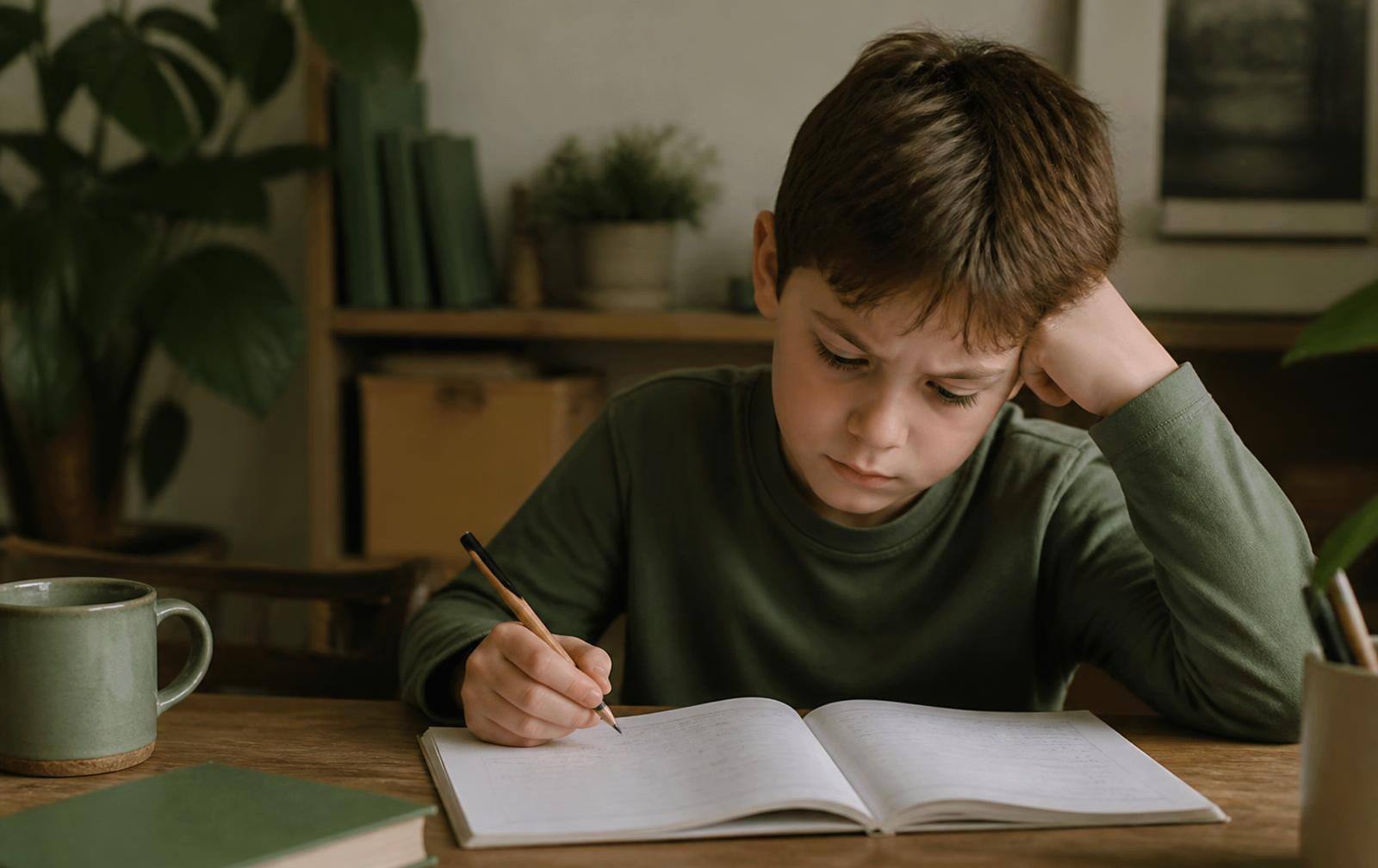 A nine-year-old boy at a wooden desk pausing over an open maths workbook with his pencil still