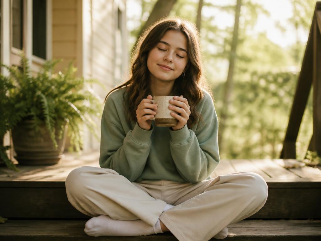 A teenage girl sitting cross-legged on a sunlit wooden porch step, holding a warm mug with eyes gently closed, soft morning light