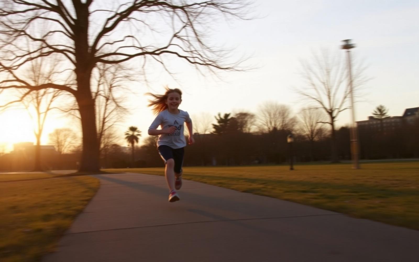 A thirteen-year-old girl running along a park path in the early evening with warm low sun behind her
