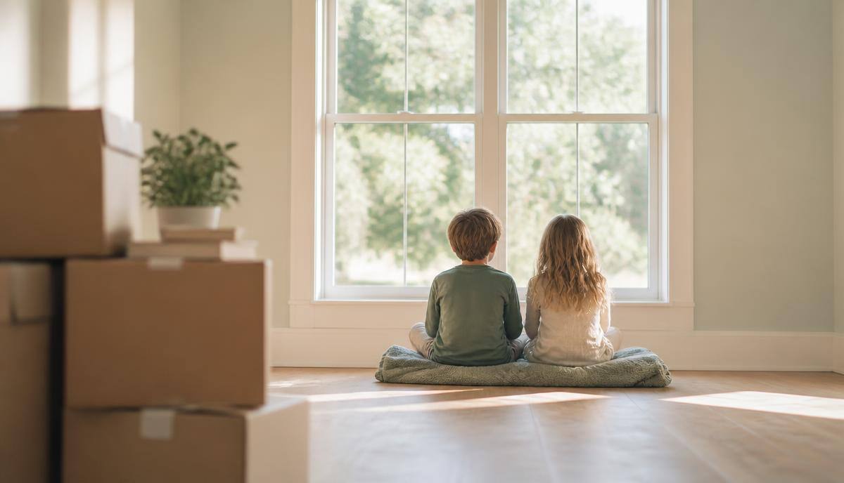 Two children sitting on a blanket in a sunlit empty room, looking out a large window with moving boxes softly blurred in the foreground