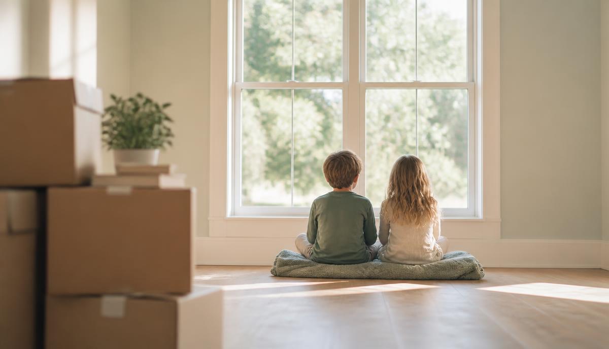 Two children sitting on a blanket in a sunlit empty room, looking out a large window with moving boxes softly blurred in the foreground