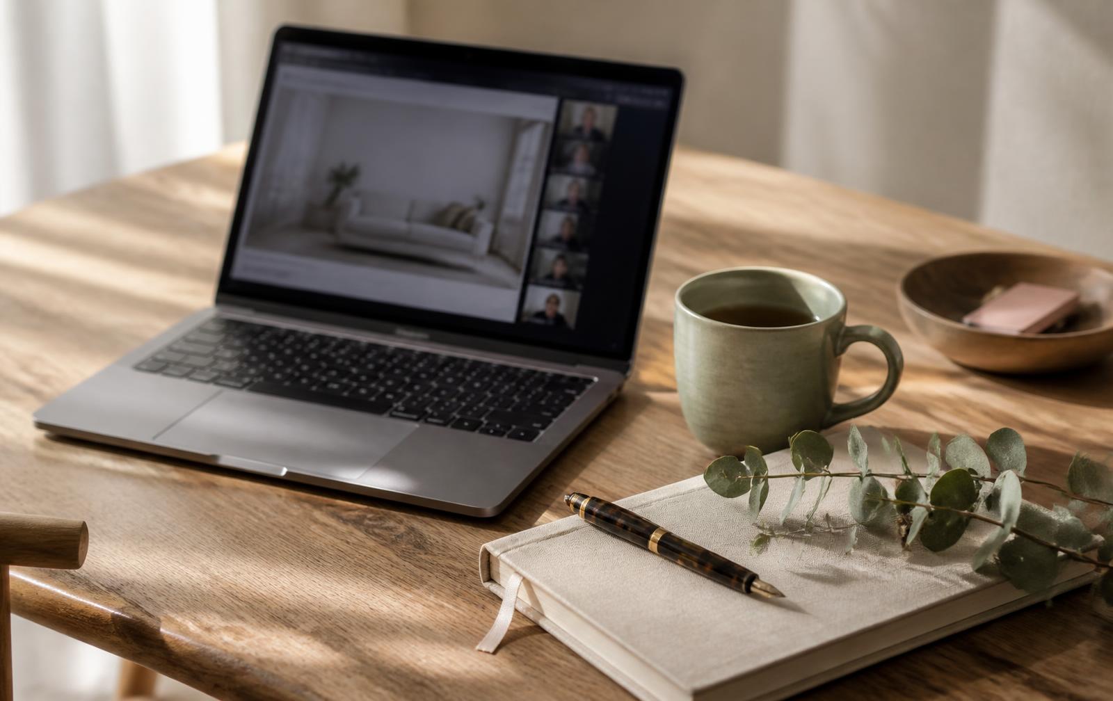 An open laptop showing a blurred online class beside a linen notebook, fountain pen and sage ceramic mug in soft window light