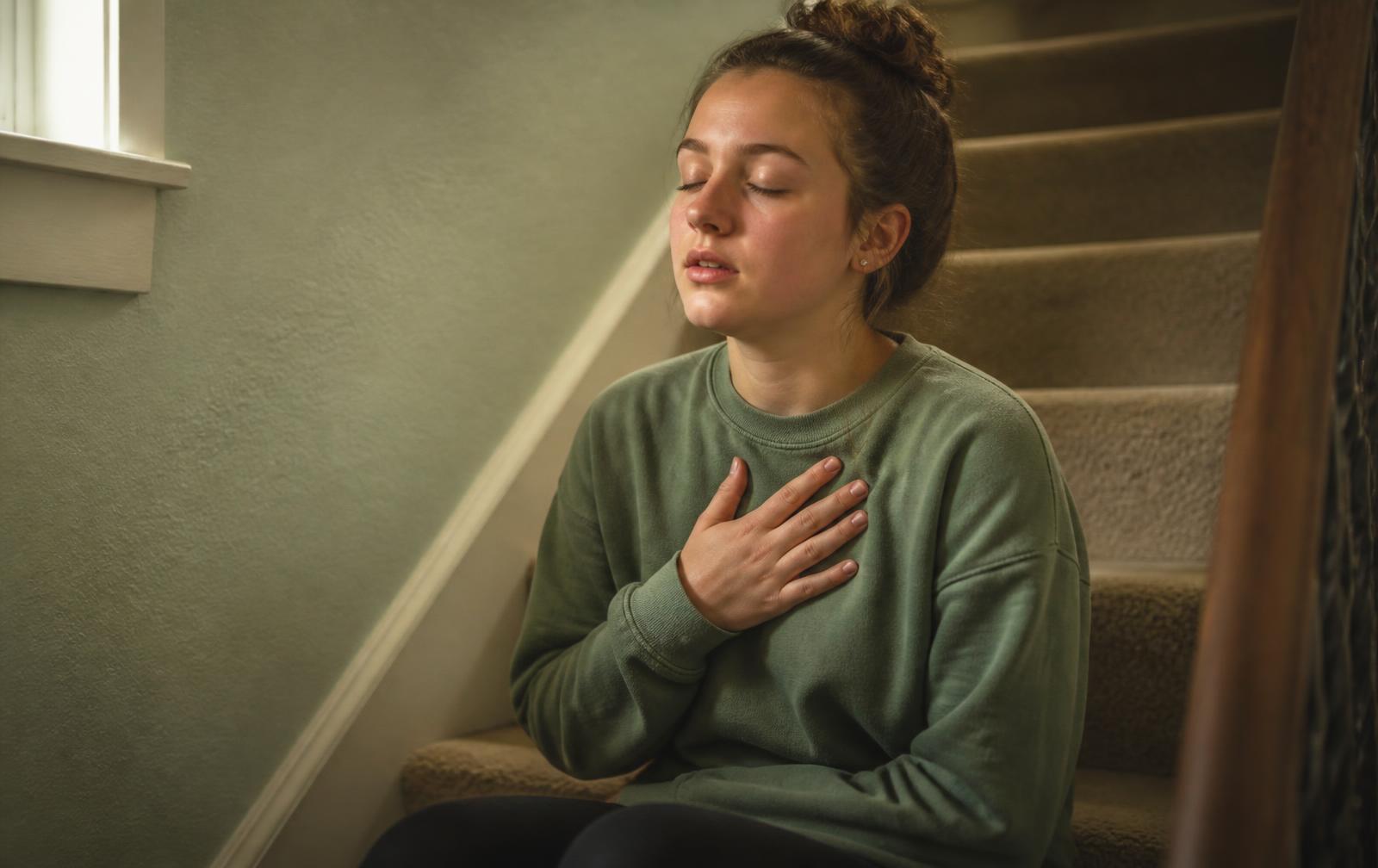 A sixteen-year-old sitting on the stairs at home with a hand on her chest, breathing through a wave of panic