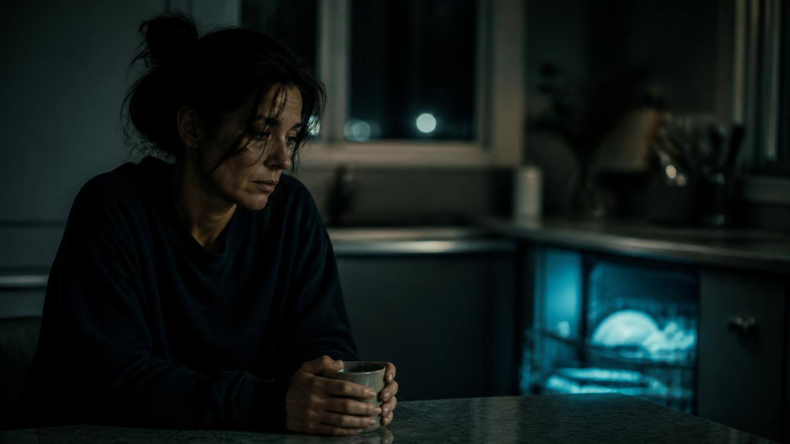 A parent sitting alone at night by a window, holding a cup of tea, lost in thought