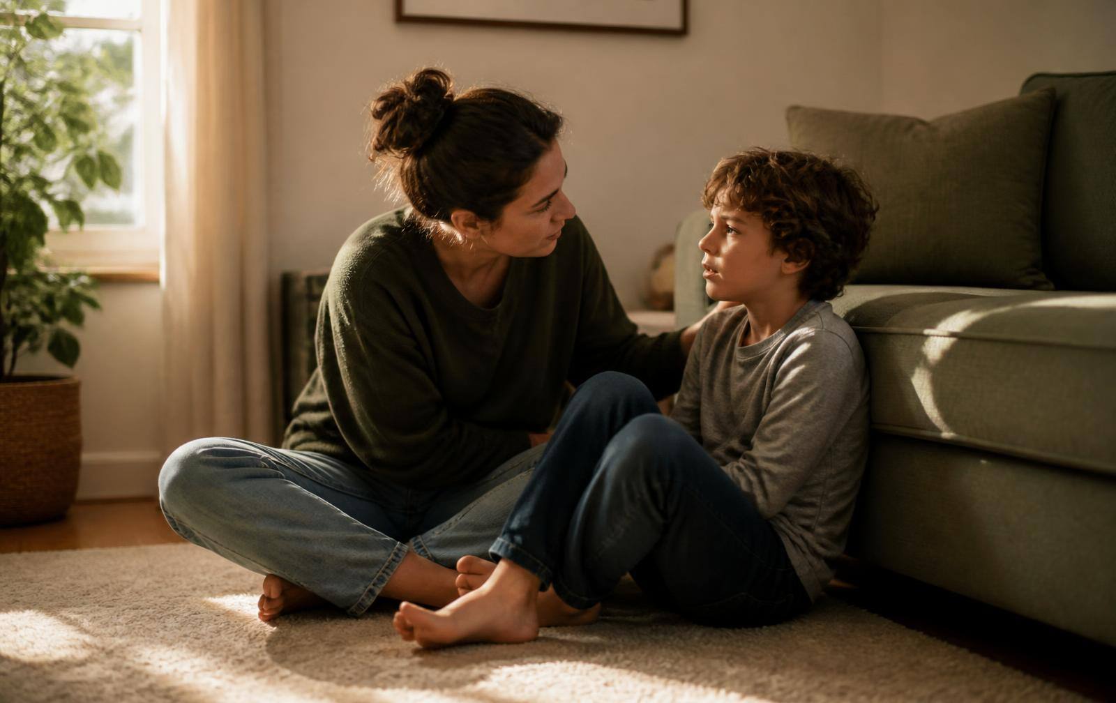 A parent sitting on the floor at eye level with an upset child, speaking softly