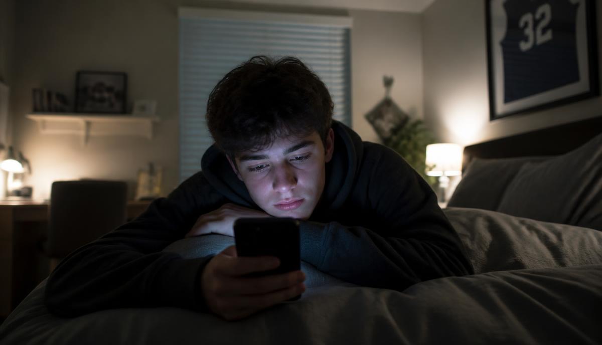 A 16-year-old teenager lying on a bed in a dimly lit bedroom, scrolling on a smartphone with a blank, dissatisfied expression